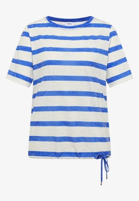 T-shirt blanc à rayures bleues horizontales, manches courtes et lien de serrage sur le côté.