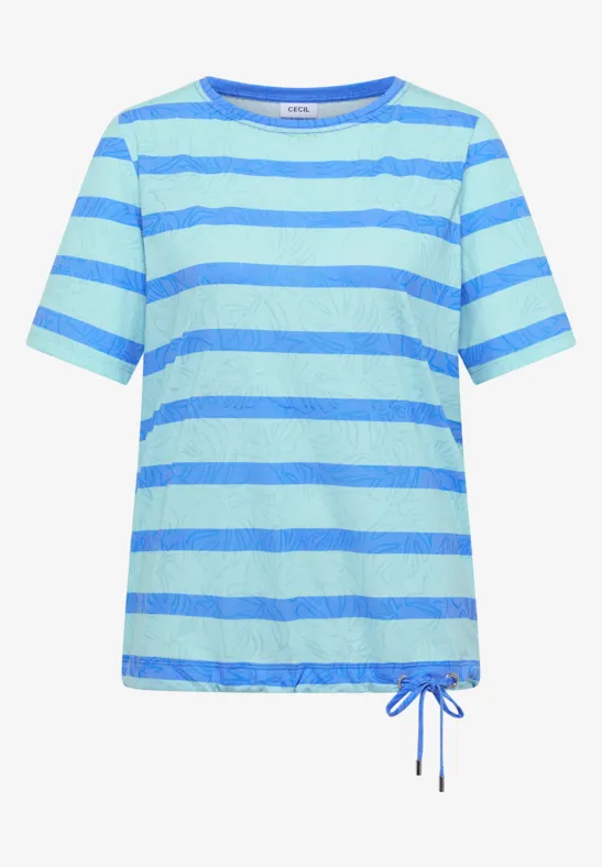 T-shirt manches courtes à rayures bleu clair et turquoise avec cordon de serrage latéral