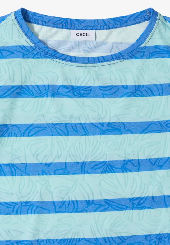 T-shirt léger à larges rayures bleu turquoise et vert clair, orné d'un motif floral discret.