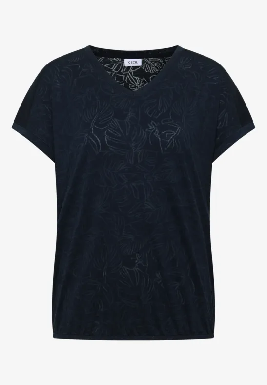 Dunkelblaues V-Shirt mit kurzen Ärmeln und dezentem Blumenmuster.