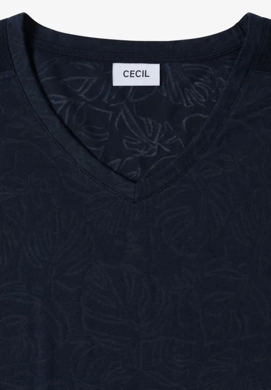Dunkles V-Neck-Shirt mit dezent eingeprägtem Blattmuster und Markenlabel CECIL.