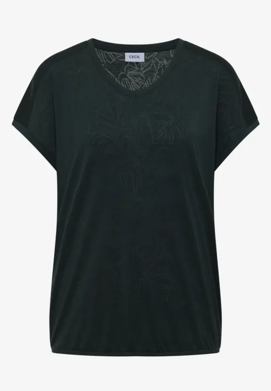 Dunkelgrünes Damenshirt mit V-Ausschnitt, kurzen Ärmeln und dezentem Muster.