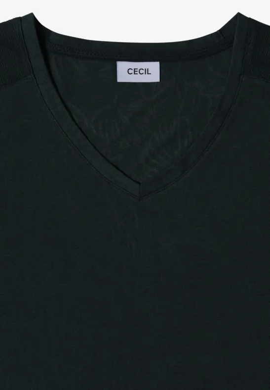 Gefaltetes schwarzes V-Neck T-Shirt mit CECIL-Label.