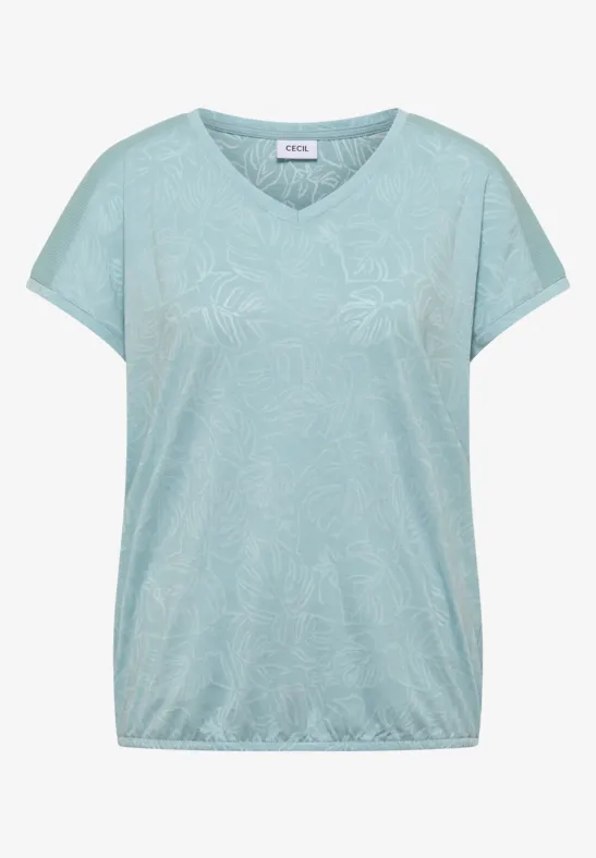 Leichtes, mintgrünes Damen-T-Shirt mit V-Ausschnitt und angedeutetem Blumenmuster, lässiger Schnitt.