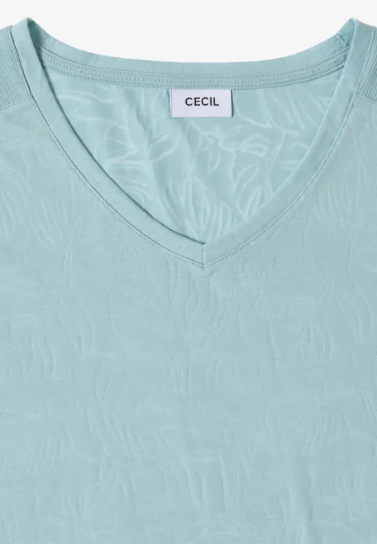 Hellblaues V-Ausschnitt-Shirt mit dezentem Muster und CECIL-Label