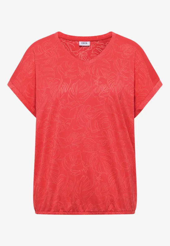 Rotes Damenshirt mit floralem Muster, weitem Schnitt und elastischem Saum.