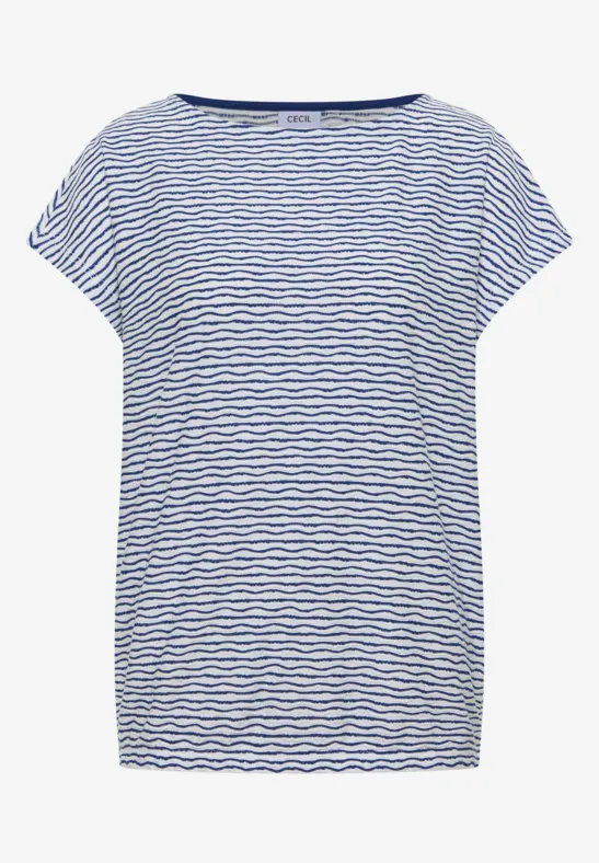 T-shirt blanc à fines rayures bleues et manches courtes
