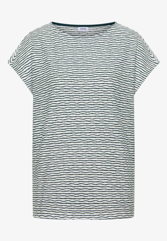 T-shirt blanc à fines rayures bleu marine, manches courtes et col rond.