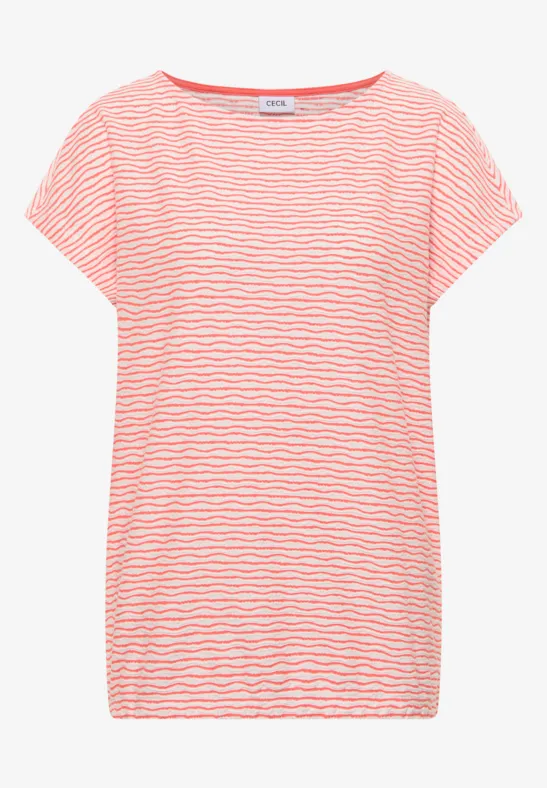 T-shirt décontracté pour femme à manches courtes, rayures fines rose et blanc.