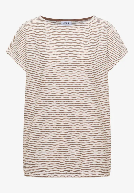 Licht dames-T-shirt met bruine strepen, korte mouwen en ronde hals.