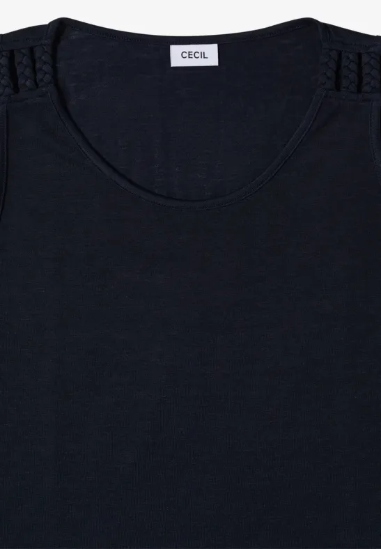 T-shirt bleu marine à encolure ronde avec détails délicats en dentelle aux épaules.