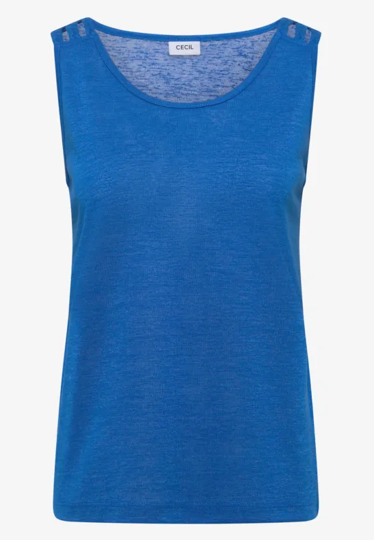 Schlichtes ärmelloses Damen-Top in leuchtendem Blau, aus leichtem Material mit rundem Ausschnitt.