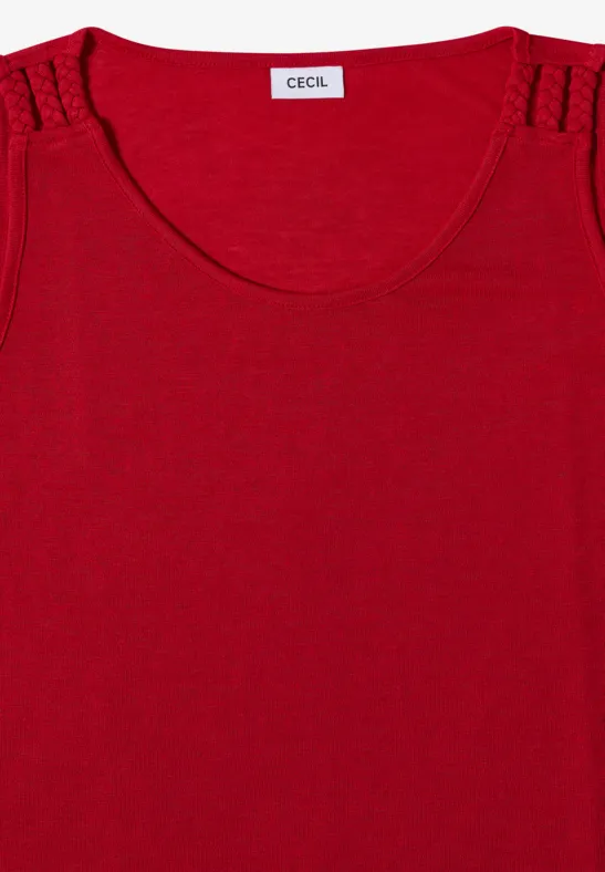 Haut sans manches rouge, col rond et détails tressés aux épaules.