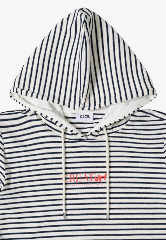 Weißer Kapuzenpullover mit schwarzen Streifen und Kordelzug.