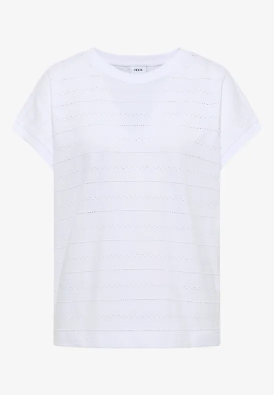 Einfaches weißes T-Shirt mit kurzen Ärmeln auf weißem Hintergrund.
