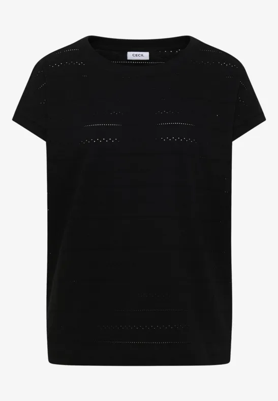 Schwarzes Strickshirt mit kurzen Ärmeln und dezentem Lochmuster