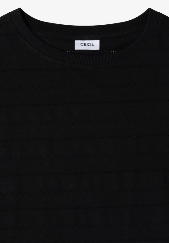 Schwarzes, kurzärmeliges Oberteil mit Rundhalsausschnitt und feiner Struktur, Markenlabel 'CECIL'.