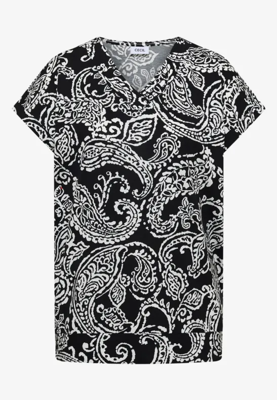 Zwarte blouse met wit paisleypatroon, V-hals en korte mouwen.