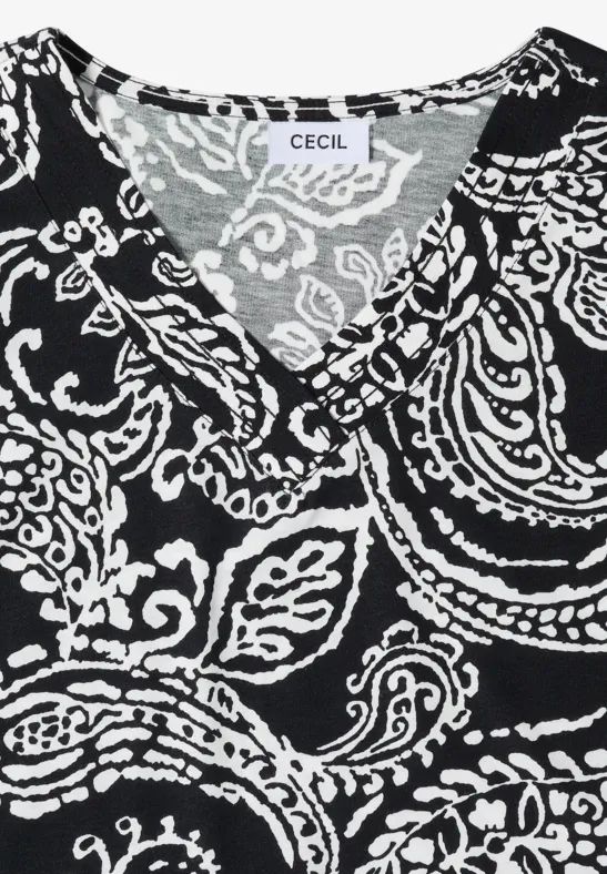 Zwart damesshirt met wit paisleymotief en V-hals, van CECIL.