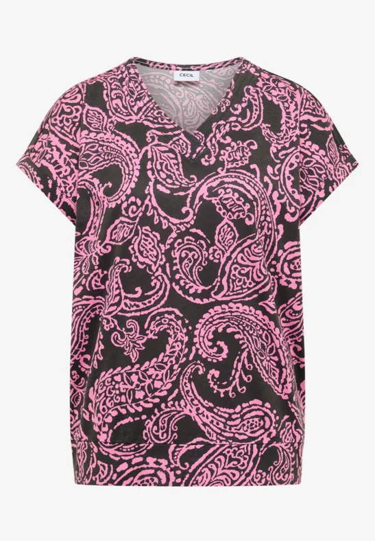 Kurzarmshirt mit V-Ausschnitt, schwarz mit pinkem Paisley-Muster.