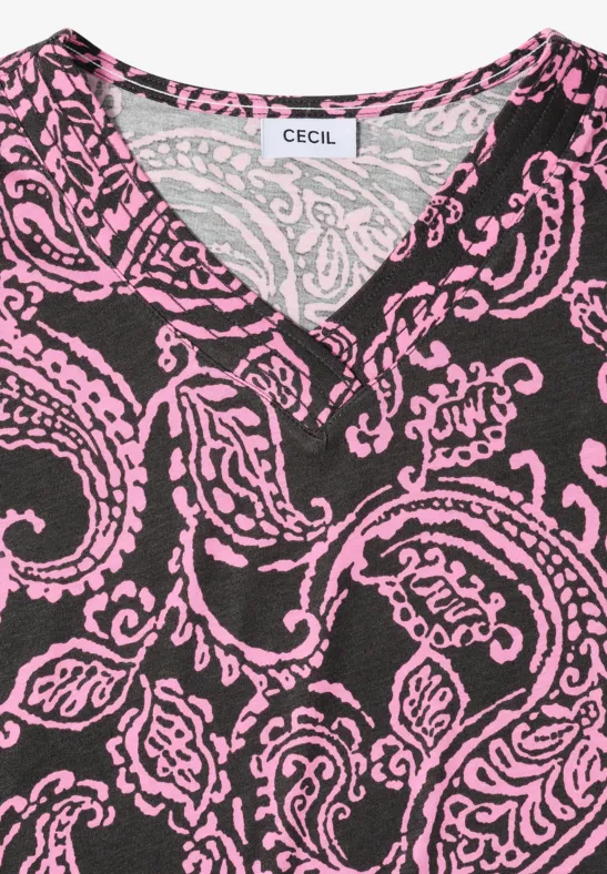 Damen-Oberteil mit V-Ausschnitt, dunkelbraunem Grund und rosa Paisley-Muster, Marke Cecil.