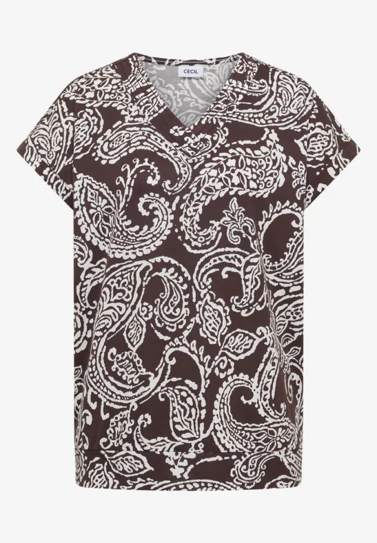 Korte T-shirt met V-hals, donkere ondergrond en wit paisleymotief.