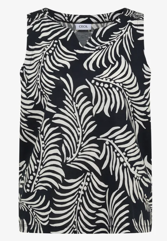 Top sans manches noir et blanc à motif de feuilles