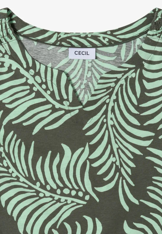 Donkergroen T-shirt met lichtgroene bladprint en V-hals van het merk CECIL.