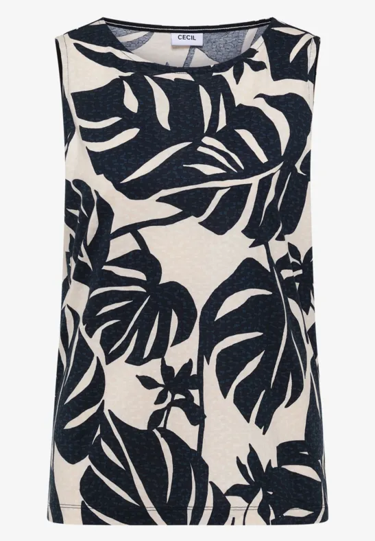 Ärmelloses Top mit schwarzen Palmen- bzw. Monstera-Blättern auf cremefarbenem Grund.