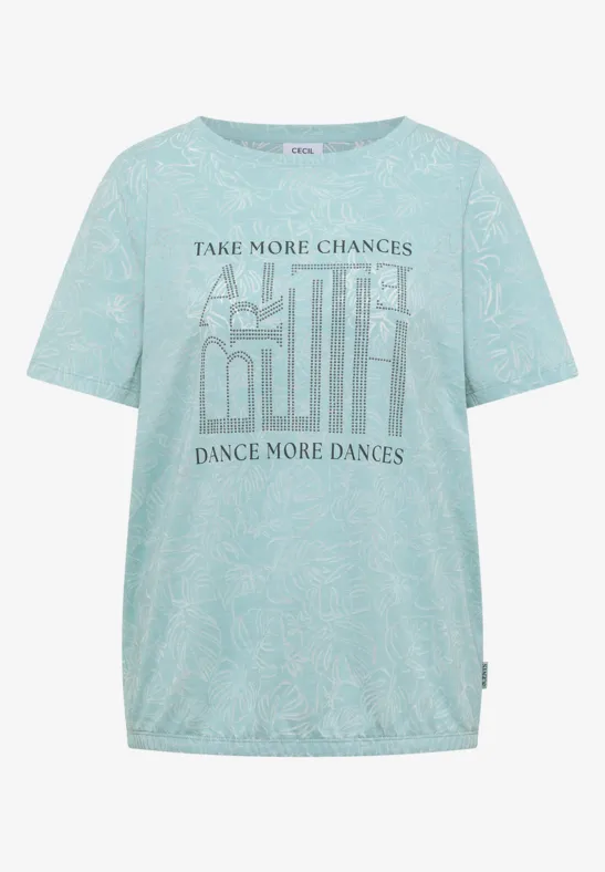 Helltürkisfarbenes T-Shirt mit Paisley-Muster und Statement-Print 'Take more chances, dance more dances'.