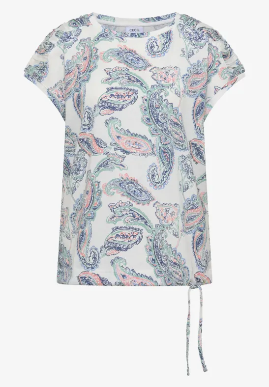 Weiße Kurzarmbluse mit buntem Paisley-Print und seitlichem Tunnelzug am Saum.