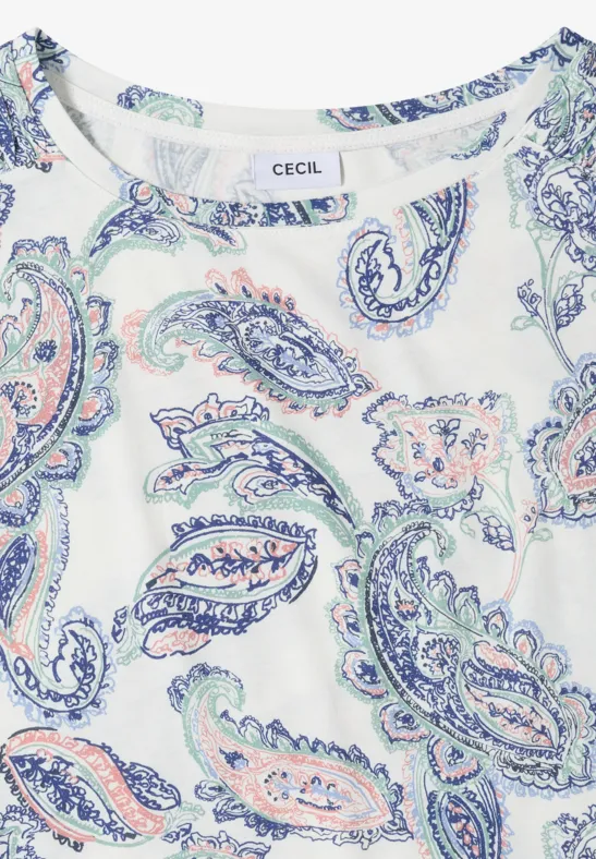 Weißes ärmelloses Shirt mit zartem Paisley-Print in Pastellfarben.
