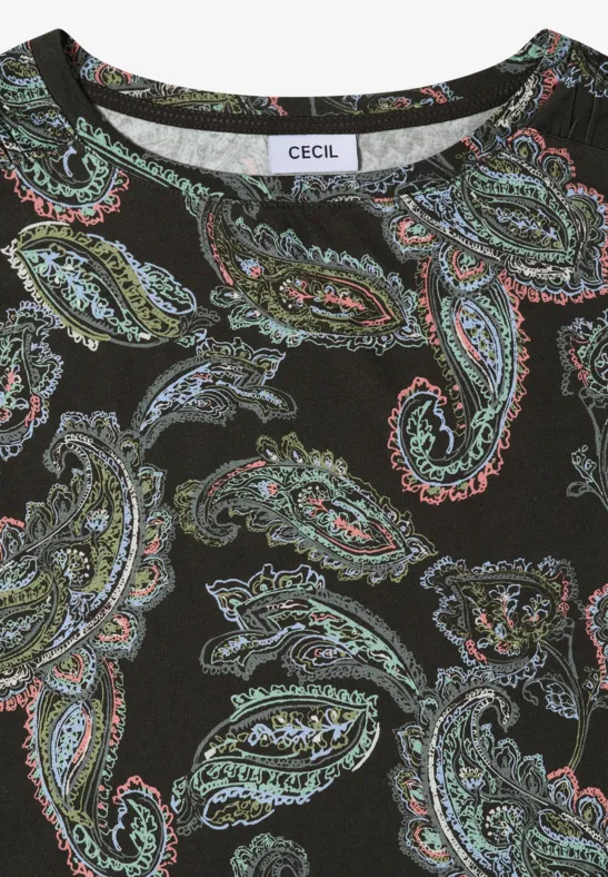 Schwarzes Oberteil mit buntem Paisley-Muster und rundem Ausschnitt, Marke CECIL.