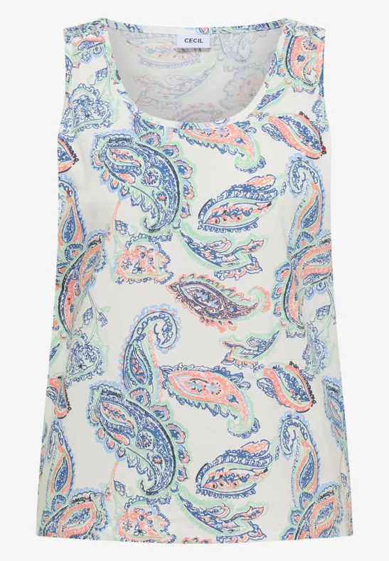 Weißes ärmelloses Oberteil mit buntem Paisley-Muster.
