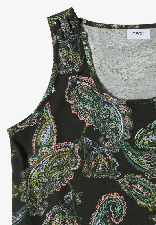 Ärmelloses schwarzes Top mit buntem Paisley-Muster und CECIL-Label.