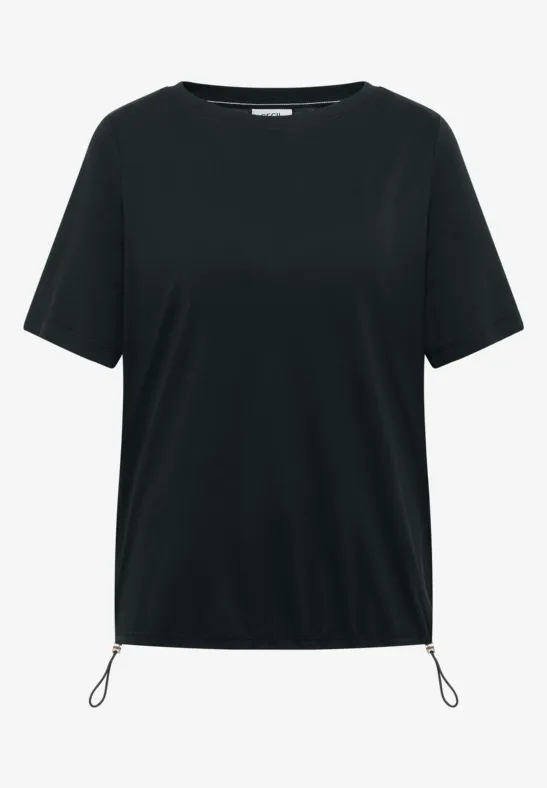 Schwarzes T-Shirt mit kurzen Ärmeln und verstellbaren Kordeln am Saum.