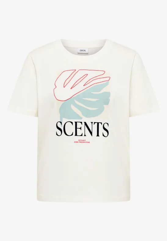 Weißes T-Shirt mit Grafikprint: abstrakter Blatt und 'SCENTS' Schriftzug.