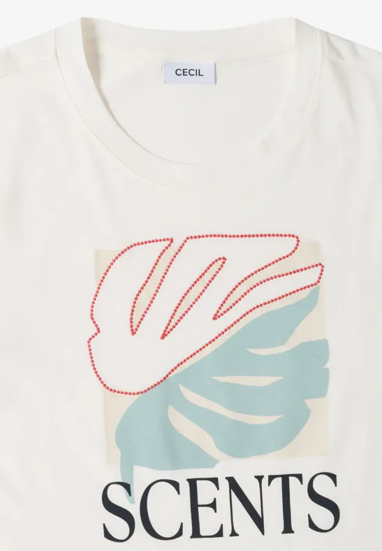 Weißes T-Shirt mit abstraktem Blätter-Print und Schriftzug 'SCENTS' vorne.
