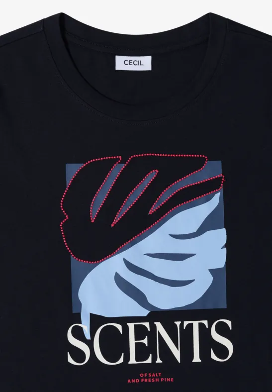 Schwarzes T-Shirt mit stilisiertem Blattmotiv in Blau und Rot und dem Schriftzug "SCENTS".