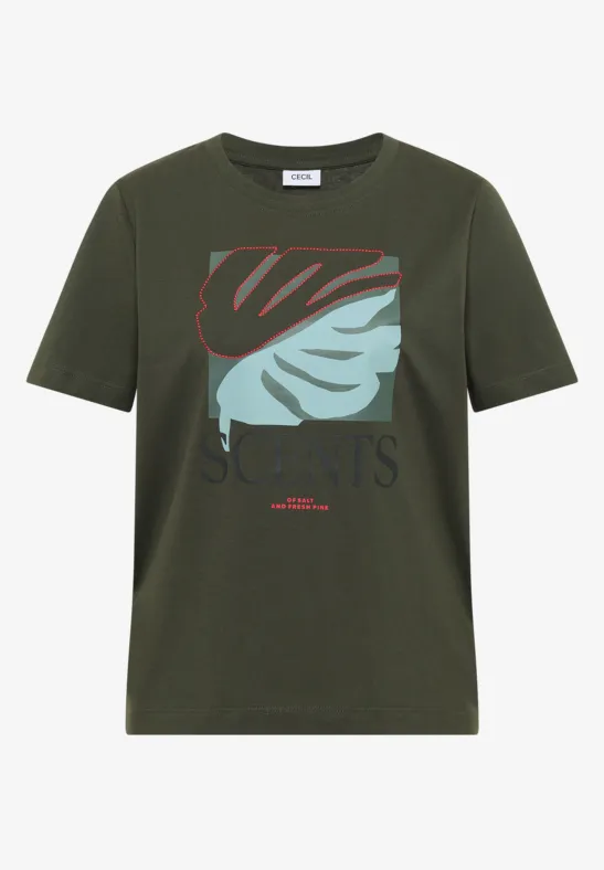 Dunkelgrünes Herren-T-Shirt mit kurzem Arm und zweifarbiger Blatt-Grafik auf der Brust.