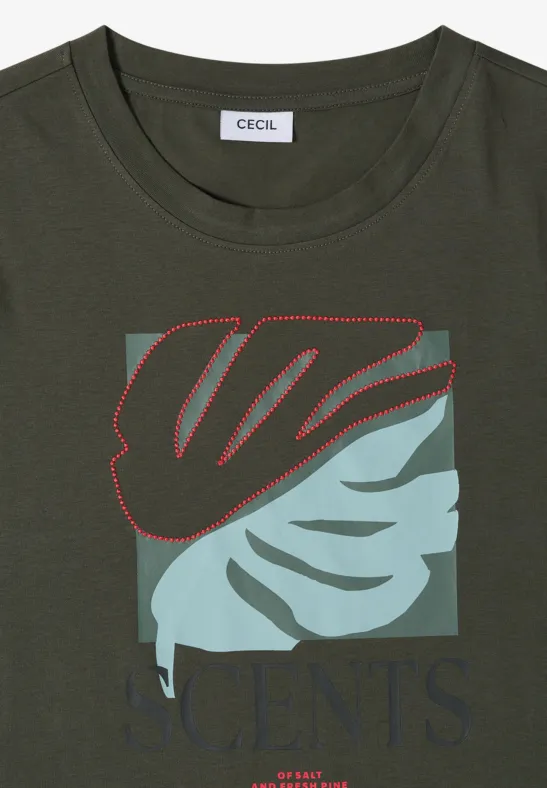 Olivgrünes T-Shirt mit abstrakter Blattgrafik in Hellgrün und roten Konturen.