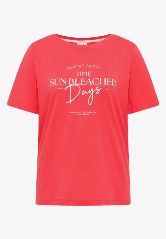 Rotes T-Shirt mit kurzem Schnitt und weißem Print 'The sun bleached days'.