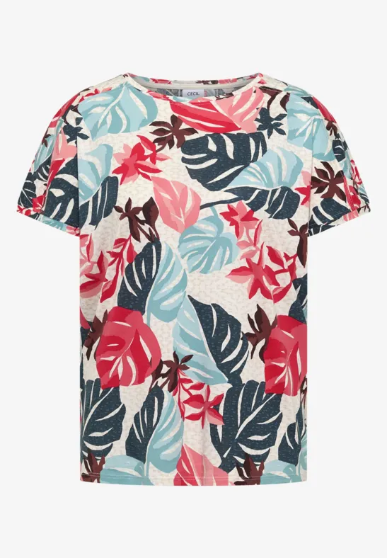 Ein kurzärmeliges T-Shirt in Creme mit buntem tropischem Blätterdruck in Rot, Blau, Mint und Braun.