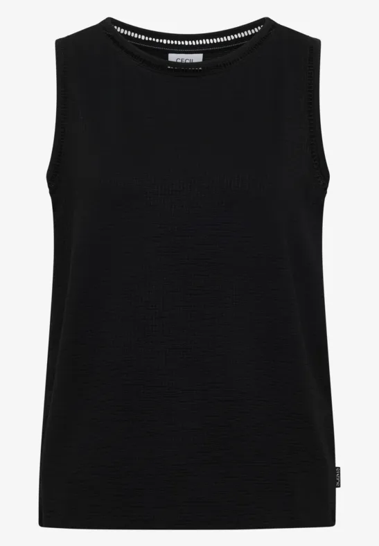 Ärmelloses schwarzes Top mit rundem Ausschnitt aus strukturiertem Material.