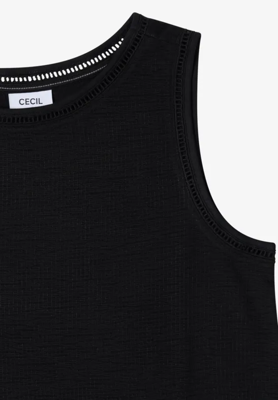 Schwarzes, ärmelloses Rippshirt mit rundem Ausschnitt.