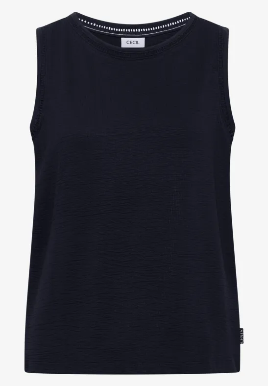 Schwarzes, ärmelloses Damen-Top mit Rundhalsausschnitt und feiner Rippstruktur, minimalistischer Style.