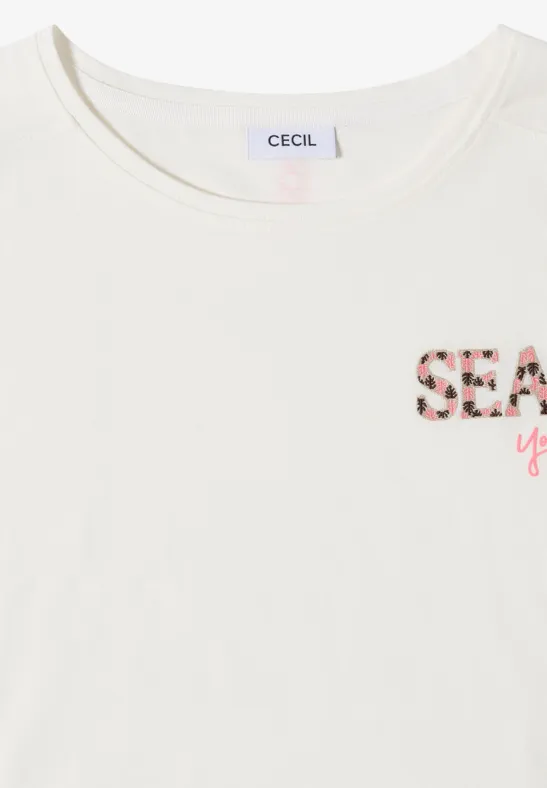 Weißes T-Shirt mit Rundhalsausschnitt und dezentem 'SEA'-Print in Blumenoptik, Marke CECIL.
