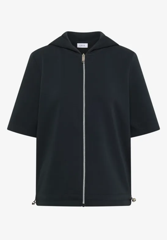 Schwarze Kurzarm-Kapuzenjacke mit durchgehendem Reißverschluss und geradem Schnitt.