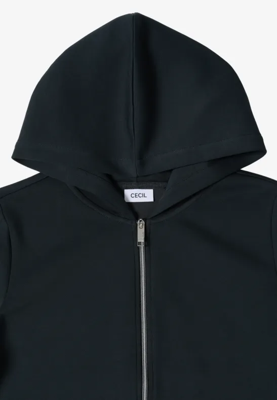 Schwarzer, schlichter Kapuzenpullover mit durchgehendem Reißverschluss.