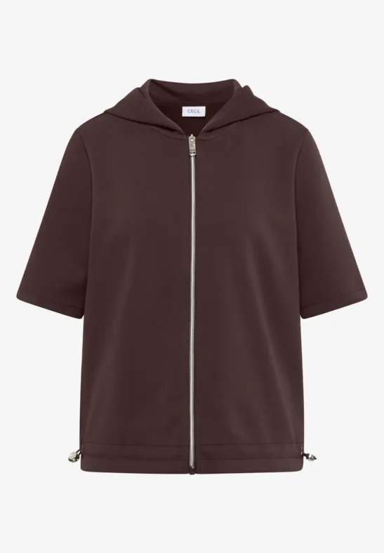 Braune, kurzärmelige Kapuzenjacke mit Reißverschluss und Kordelzug am Saum.